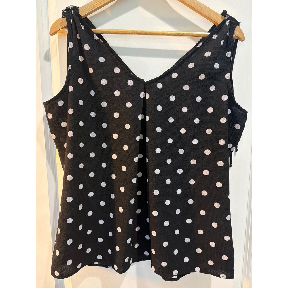 Bobeau Black White Polka Dot V-Neck Sleeveless Blouse Tie Shoulder Top Large